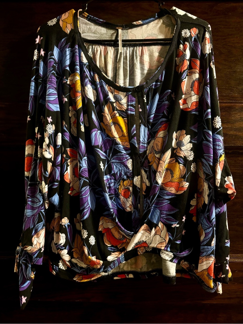 Free People Black Floral Long-Sleeve Knit Top with Purple & Yellow Blooms